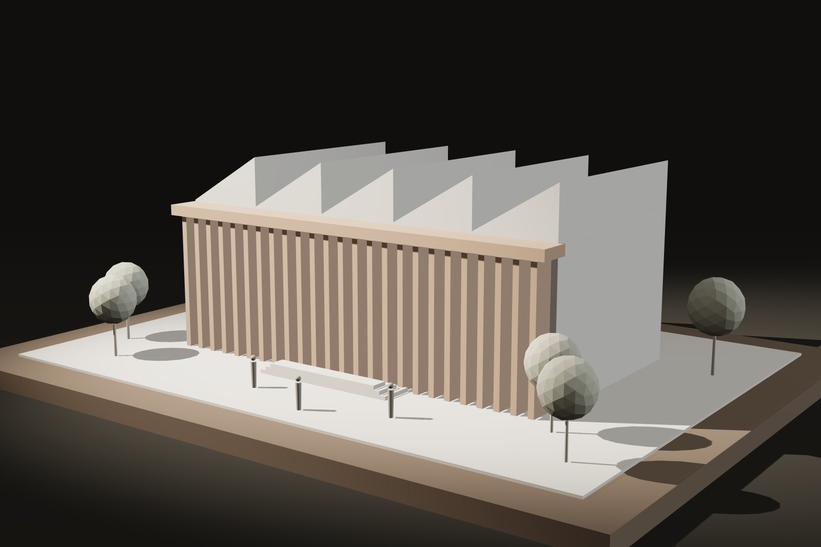 Study model of Kala Library: a building with a north-lit sawtooth roof behind a long screen of brick fins