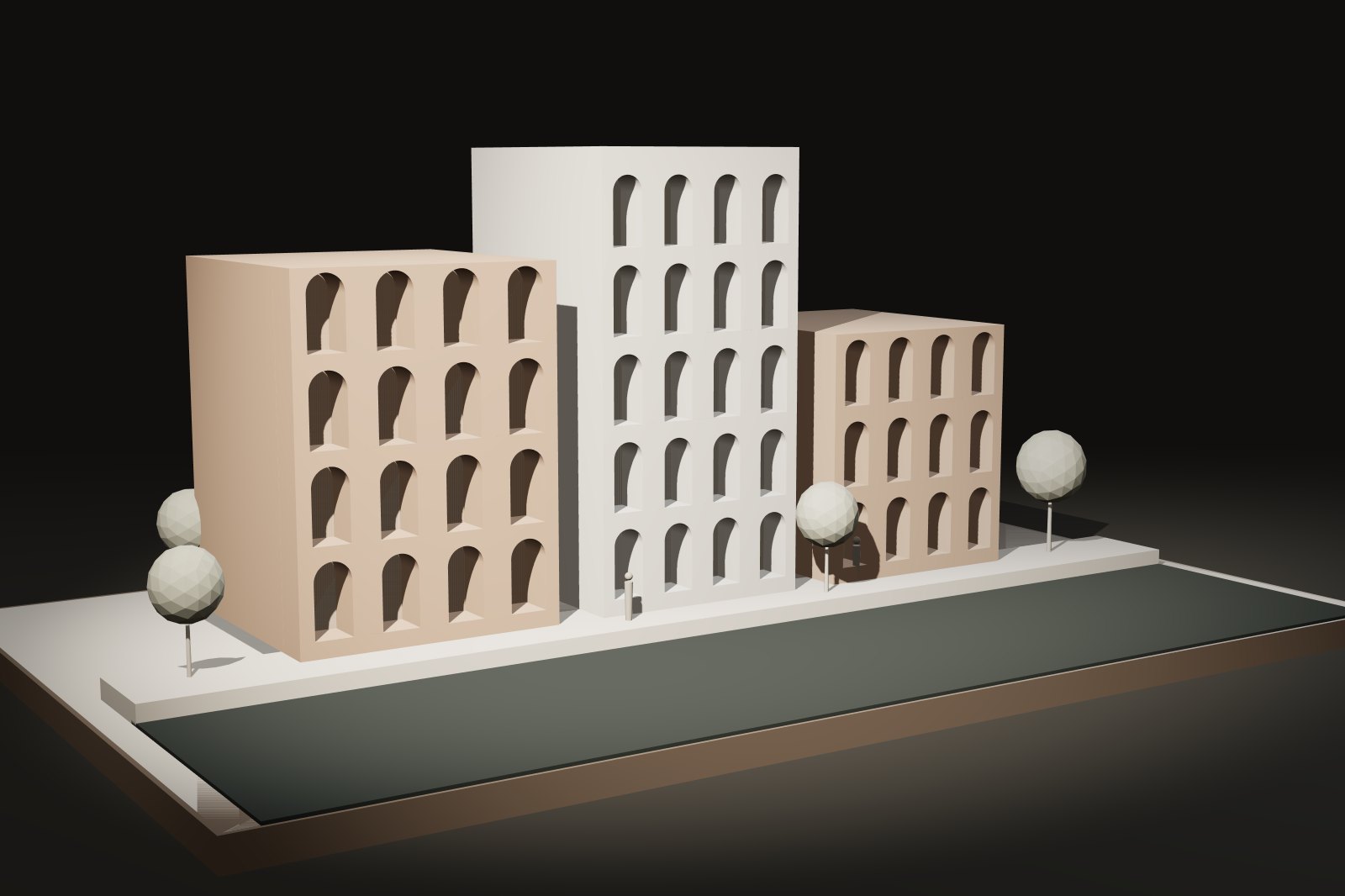 Study model of Sabarmati Residences: three stepped blocks with arched verandahs beside a river