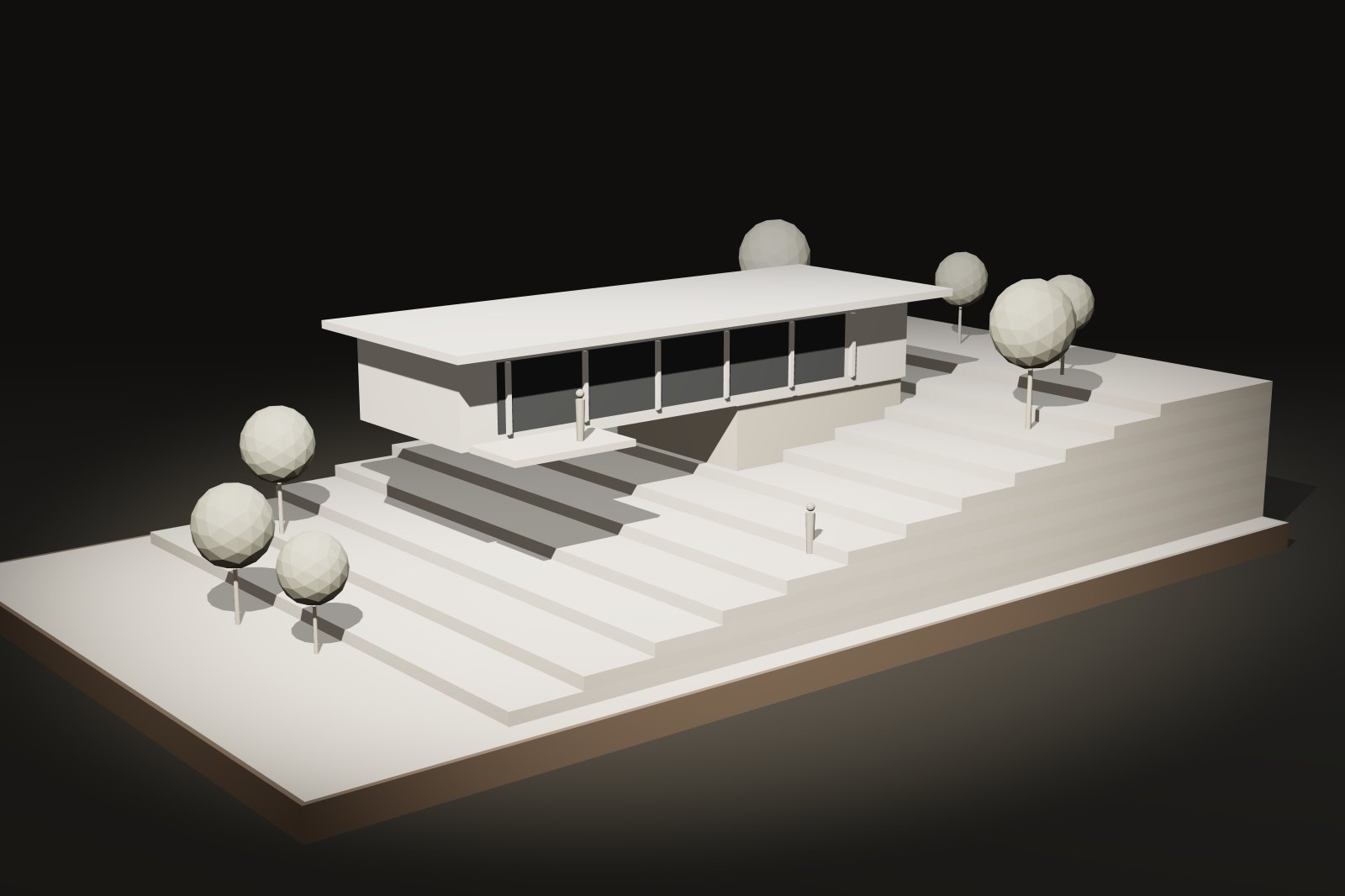 Study model of Sahyadri House: a long white volume cantilevered over a stepped hillside, with a deep eave and a band of glazing