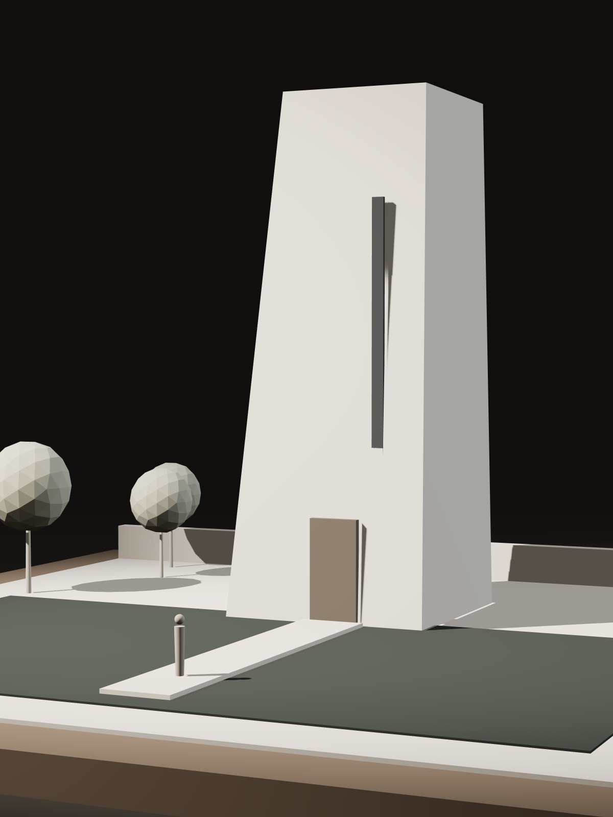 Study model of the Still Water Meditation Hall: a tall tapering white volume with a single light slot, beside a dark pool